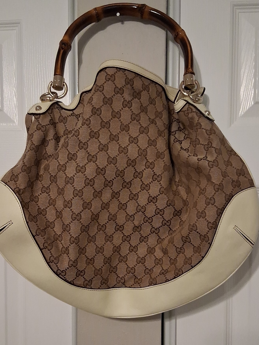 Gucci Brown GG Canvas Hobo with Bamboo Handle and Cream Trim